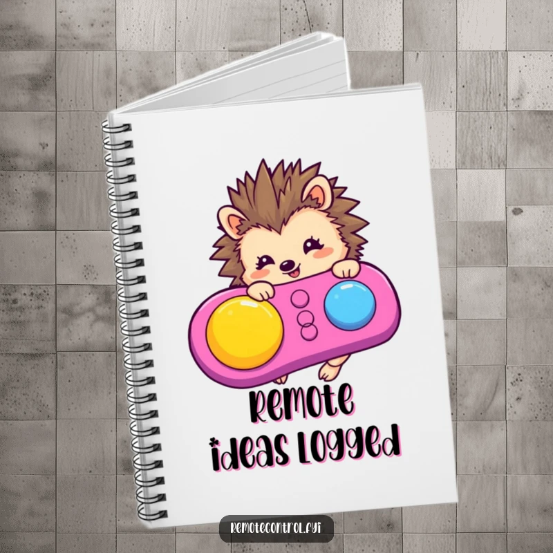 Funny hedgehog character holding a remote control, ready to jot down notes in a stylish notebook.