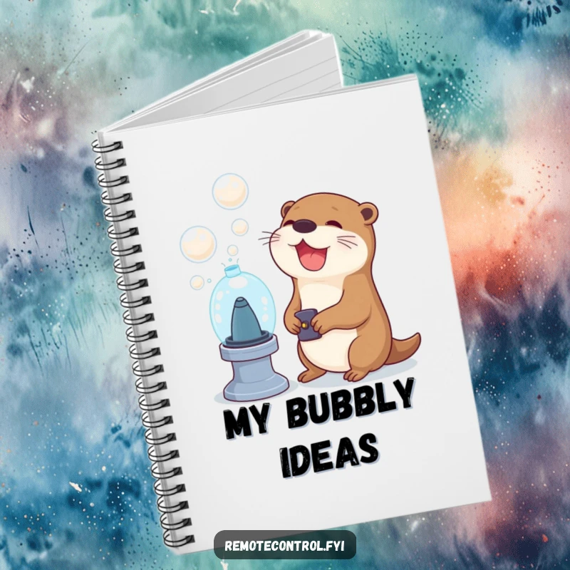 Funny otter character using a remote to activate a bubble machine on a notebook, representing a humorous approach to capturing joyful thoughts.