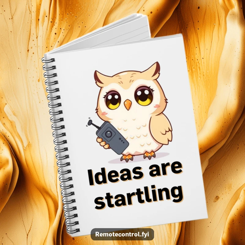 Funny Owl Notebook: Shy owl with wide, surprised eyes holding a TV remote, prompting thoughtful note-taking and observation.