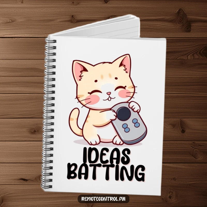 Funny Kawaii Cat Notebook cover depicting a playful cat batting at a button on a remote control, perfect for note-taking.