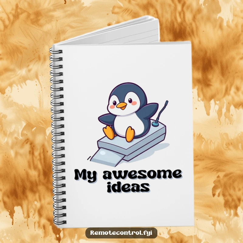 Funny penguin notebook with a playful penguin sliding down a remote control like a ramp, ideal for jotting down funny ideas.