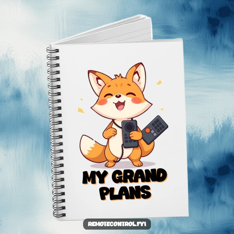 Funny notebook with a happy fox character joyfully juggling two remote controls. Great for notes and creative ideas.