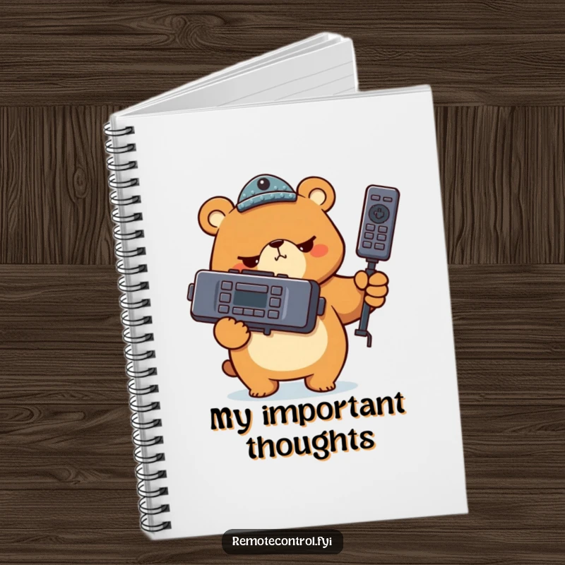 Funny bear character holding a giant TV remote with a serious expression on a notebook, representing a humorous approach to capturing focused thoughts.