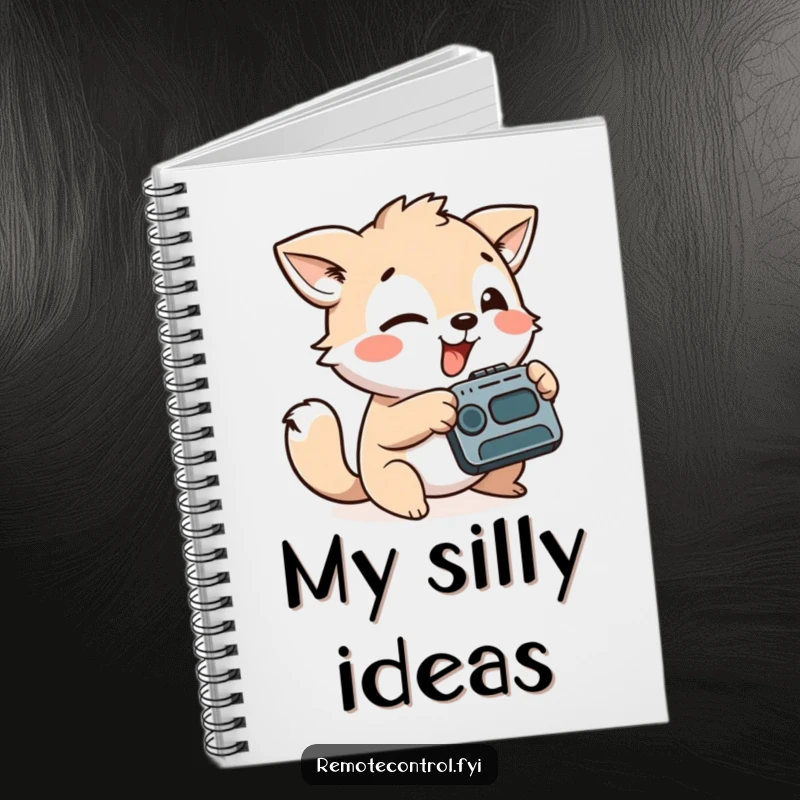 Funny notebook with a playful animal character aiming a remote control with a silly face, ideal for planning entertainment.