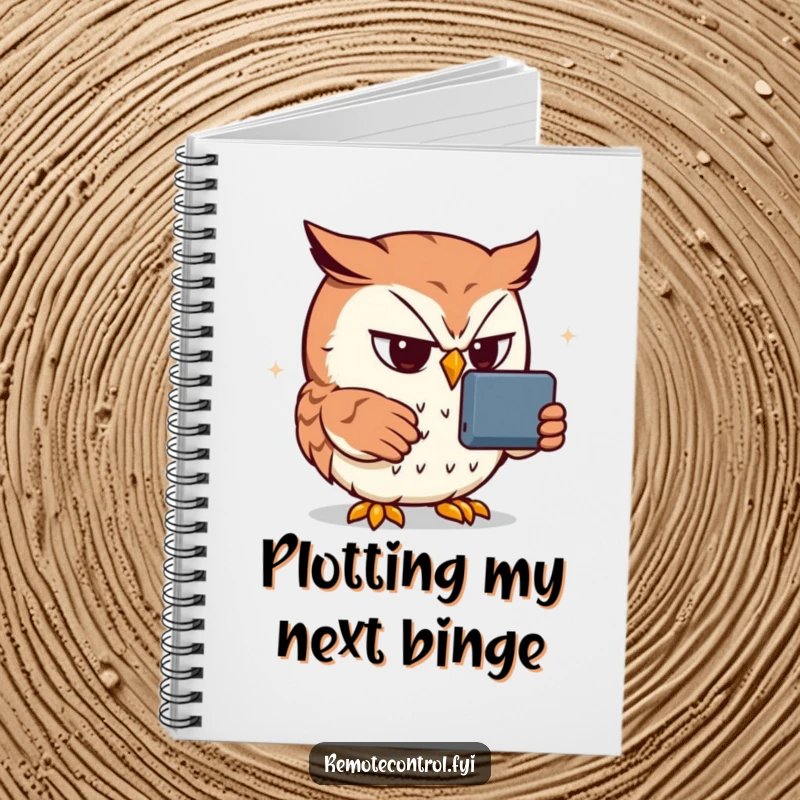 Funny owl notebook with a determined owl focused on a remote control, ideal for jotting down humorous ideas.