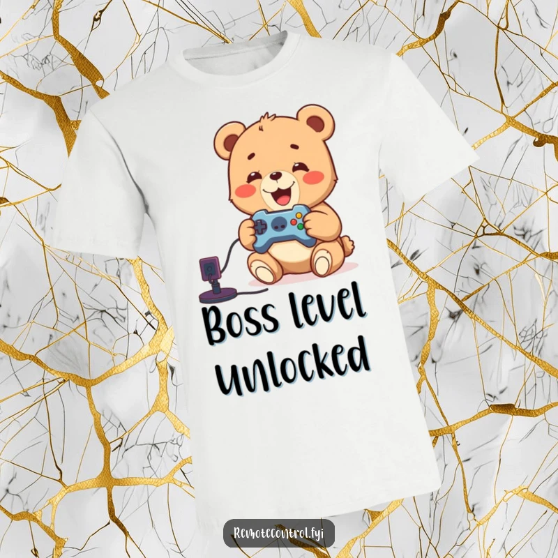 Funny tee featuring a delighted bear cub intensely playing a video game with a remote, celebrating gamer humor.