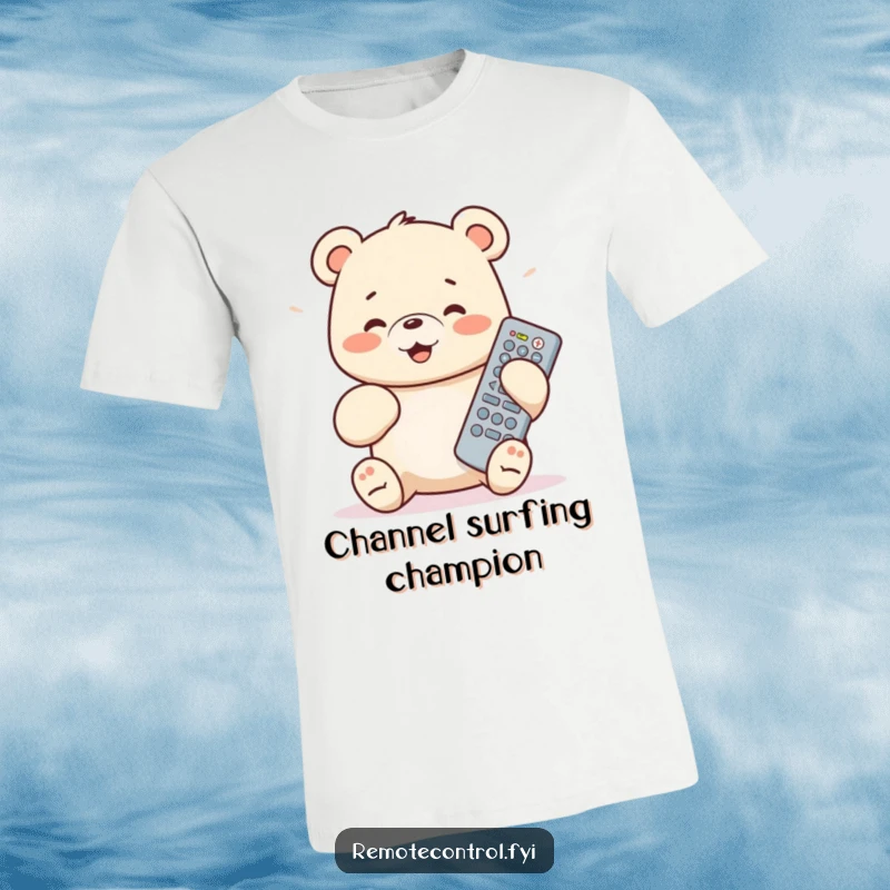 Funny bear cub t-shirt design: a joyful cub gleefully operating a big remote, embodying screen time bliss.