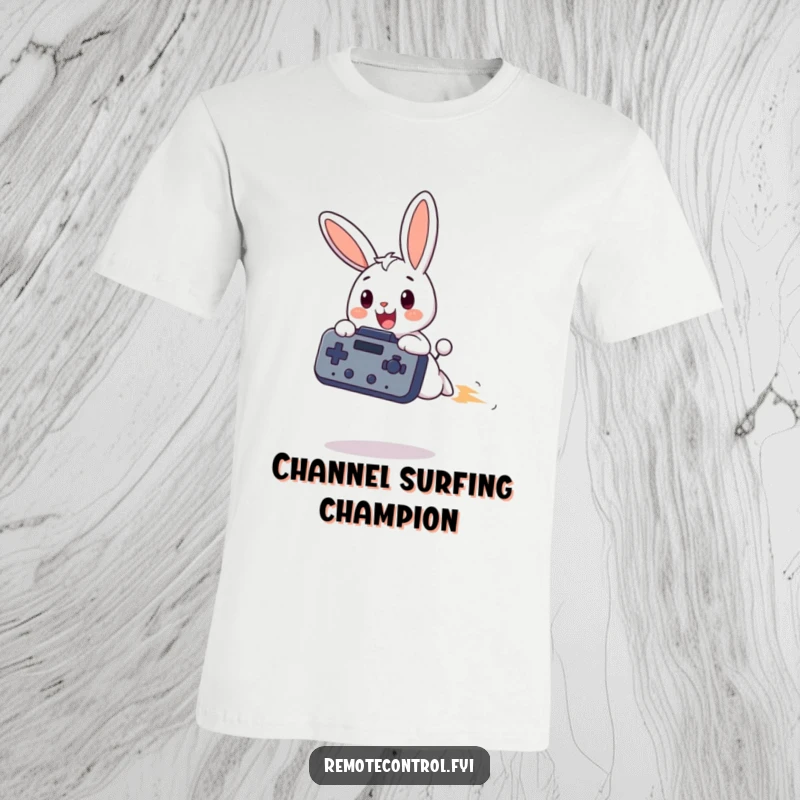 Funny bunny t-shirt, a happy bunny character flies through the air clutching a huge television remote, expressing pure joy and control.