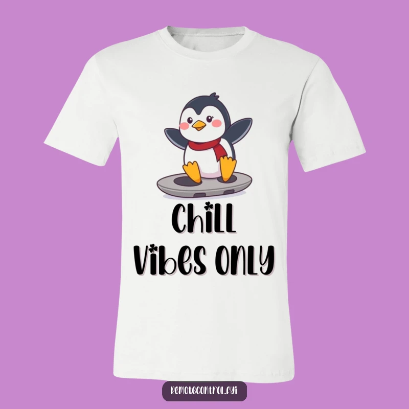 Funny Penguin Remote Surfer T-Shirt: Determined penguin shredding on a remote, a perfect funny gift.