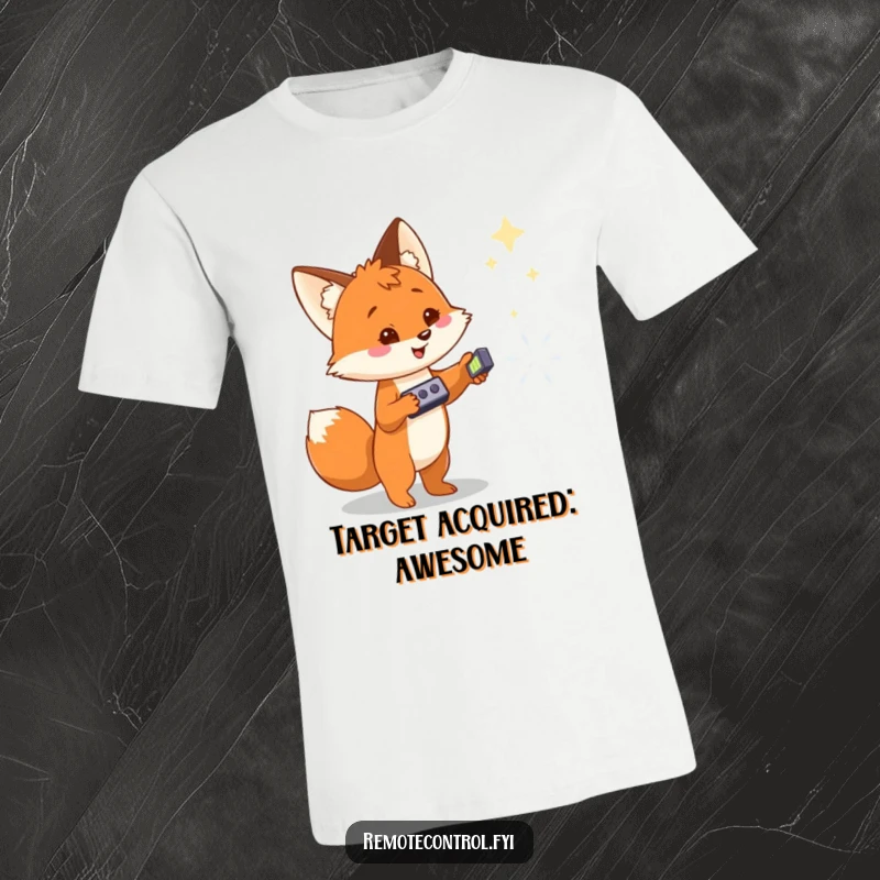 Funny t-shirt with a cheerful fox aiming a remote control at a distant, glowing magical object, evoking adventure.