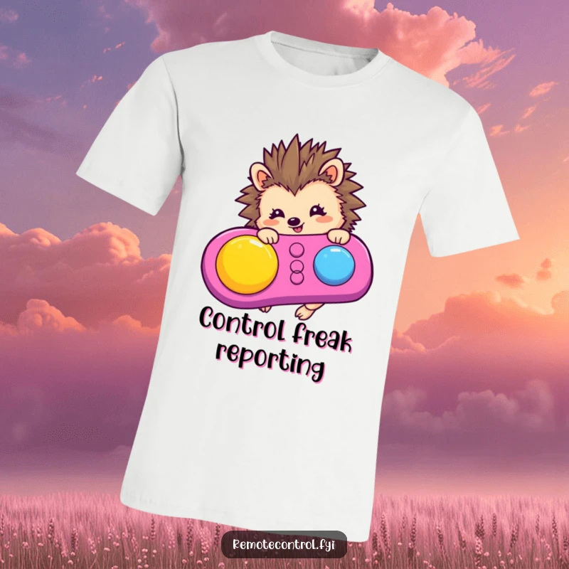 Funny hedgehog character joyfully pressing a large button on a colorful remote control, radiating happiness and gadget fascination.