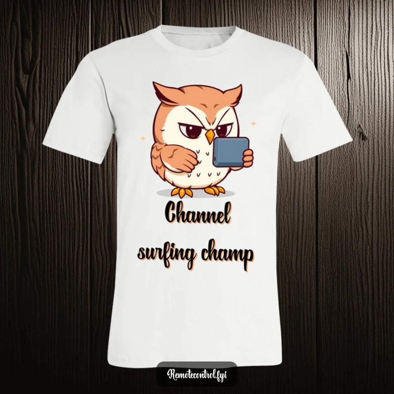 Funny owl t-shirt displaying a determined owl intensely focused on a remote control screen, capturing hilarious screen obsession.