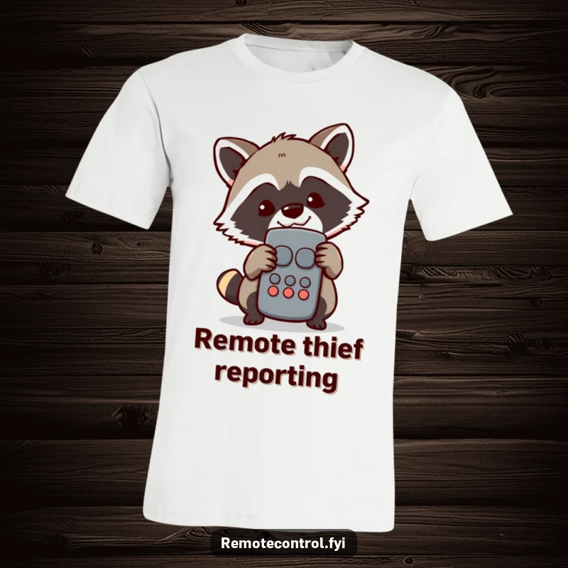 Funny Raccoon T-Shirt: Mischievous raccoon expertly hiding behind a television remote, slyly grinning, suggesting channel surfing power.
