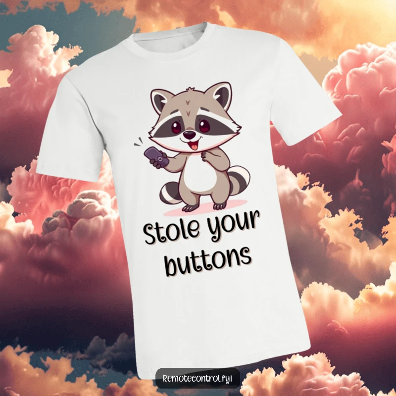 Funny raccoon character attempting to sneak away with a TV remote on a t-shirt, illustrating a humorous and cunning act of appropriation.