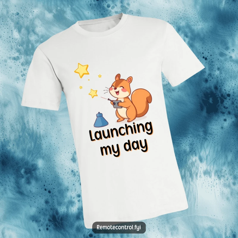 Funny Squirrel T-Shirt: Joyful squirrel using a remote control to launch a bright star into the expansive night sky.