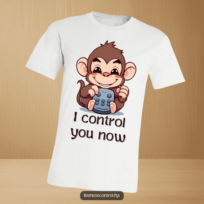 Funny monkey t-shirt featuring a mischievous monkey grinning widely while disguised as a television remote control.