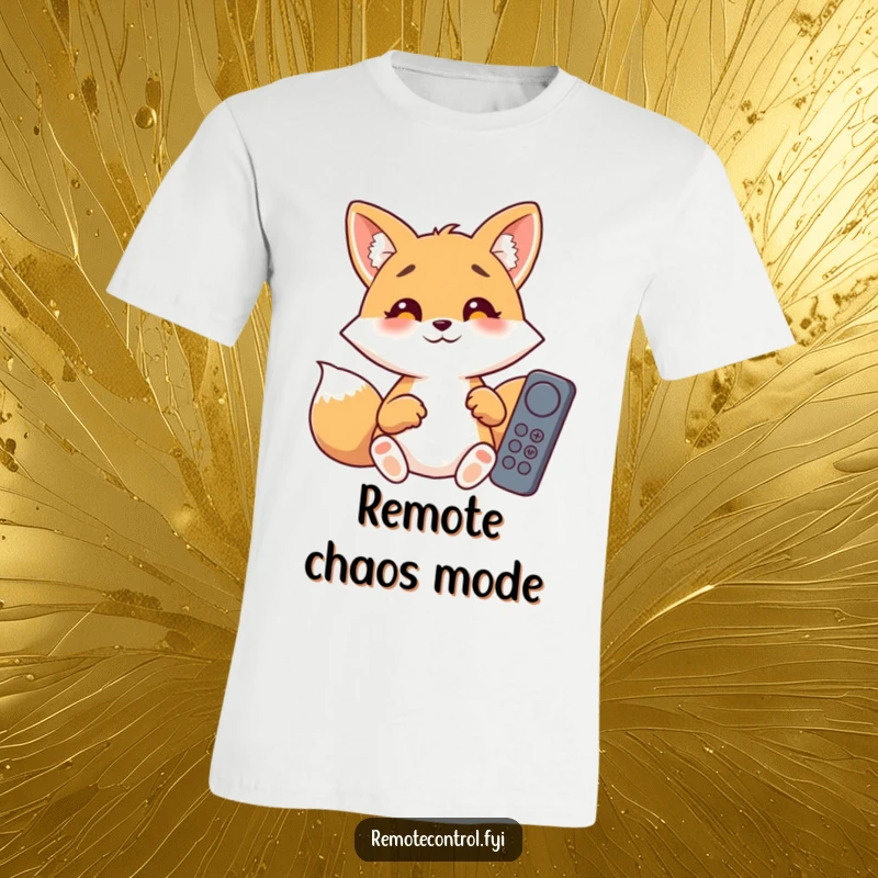 Funny giggling fox with wide eyes, comically struggling to operate several remote control buttons at once.