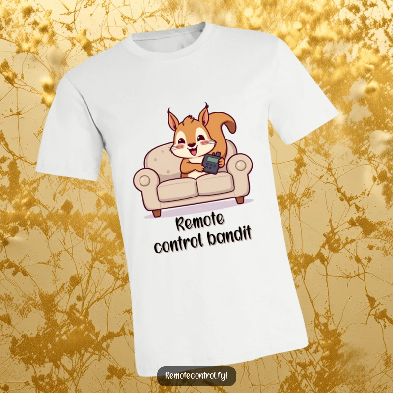 Funny t-shirt depicts a sneaky squirrel concealing a TV remote behind a couch, embodying comedic mischief.