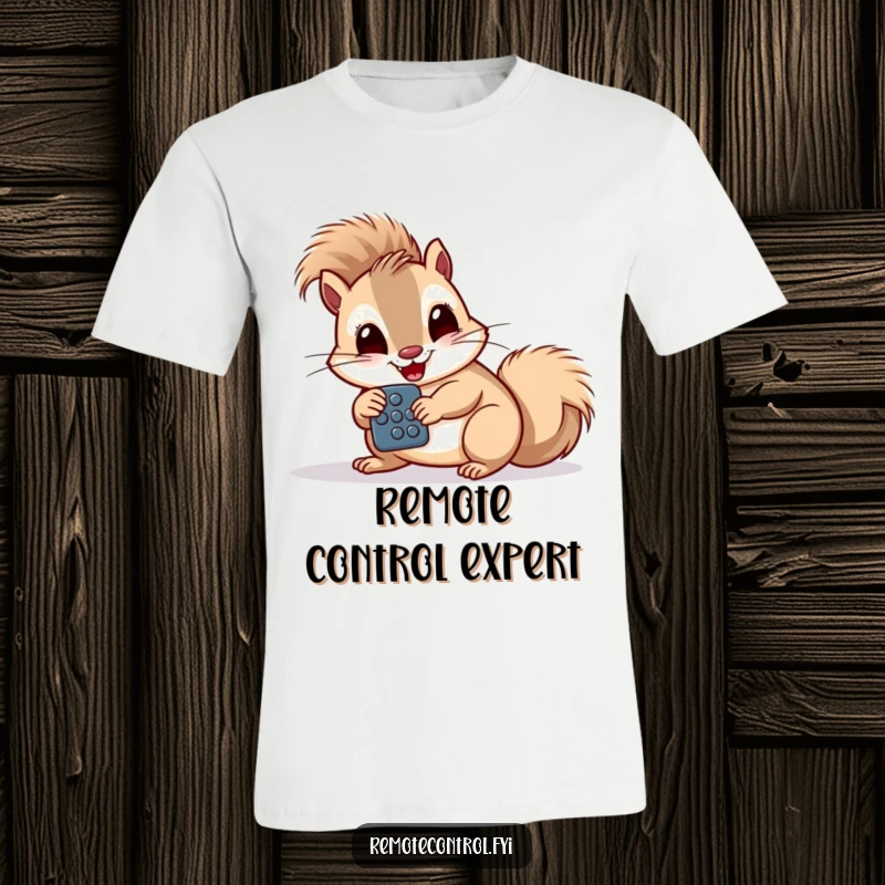 Funny giggling squirrel intensely studying a remote control with large buttons on a t-shirt.