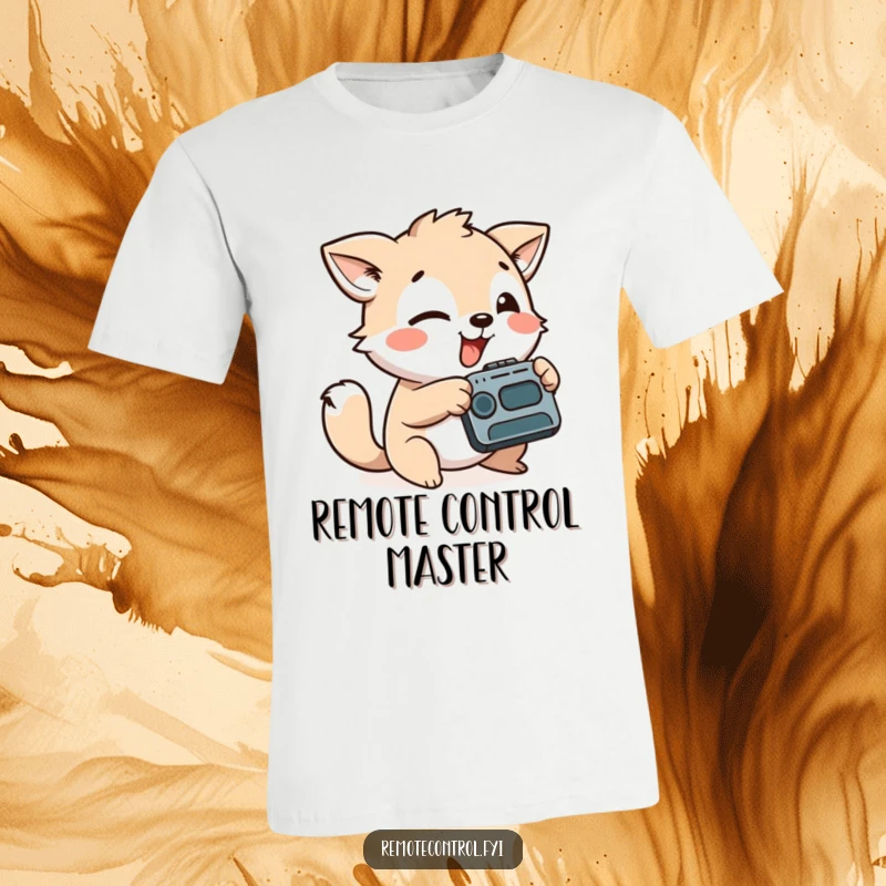 Funny t-shirt featuring a playful animal character aiming a remote control with a silly face, embracing screen time fun.