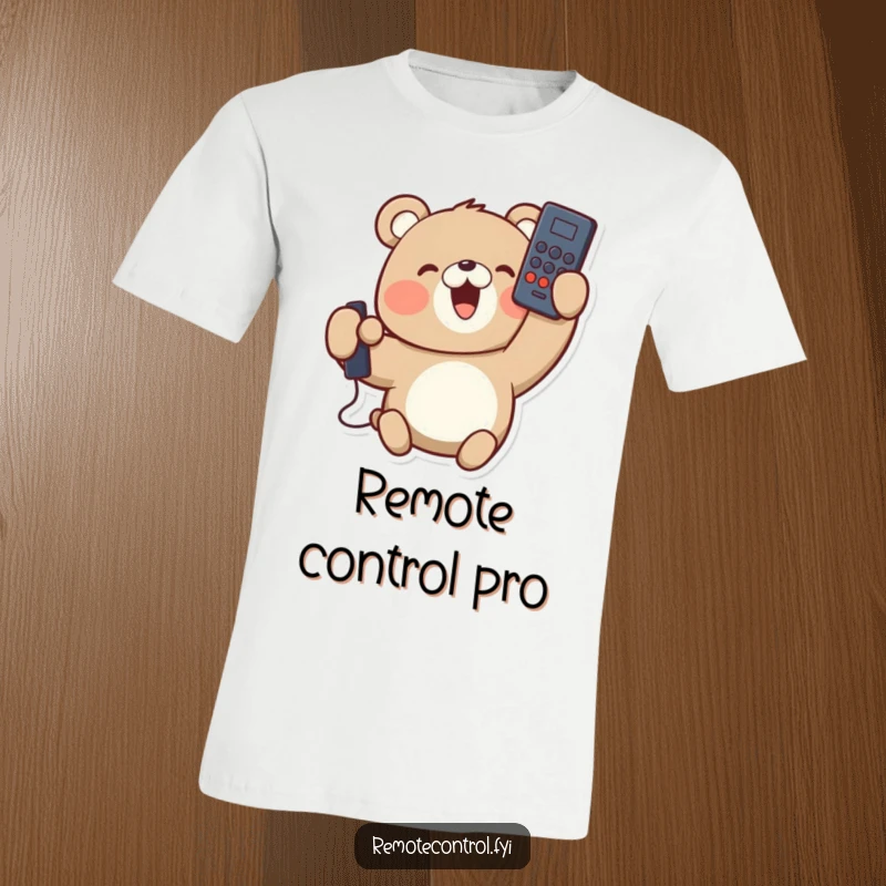 Funny t-shirt with a delighted bear character holding a TV remote control upside down, smiling. Perfect for cozy movie nights.