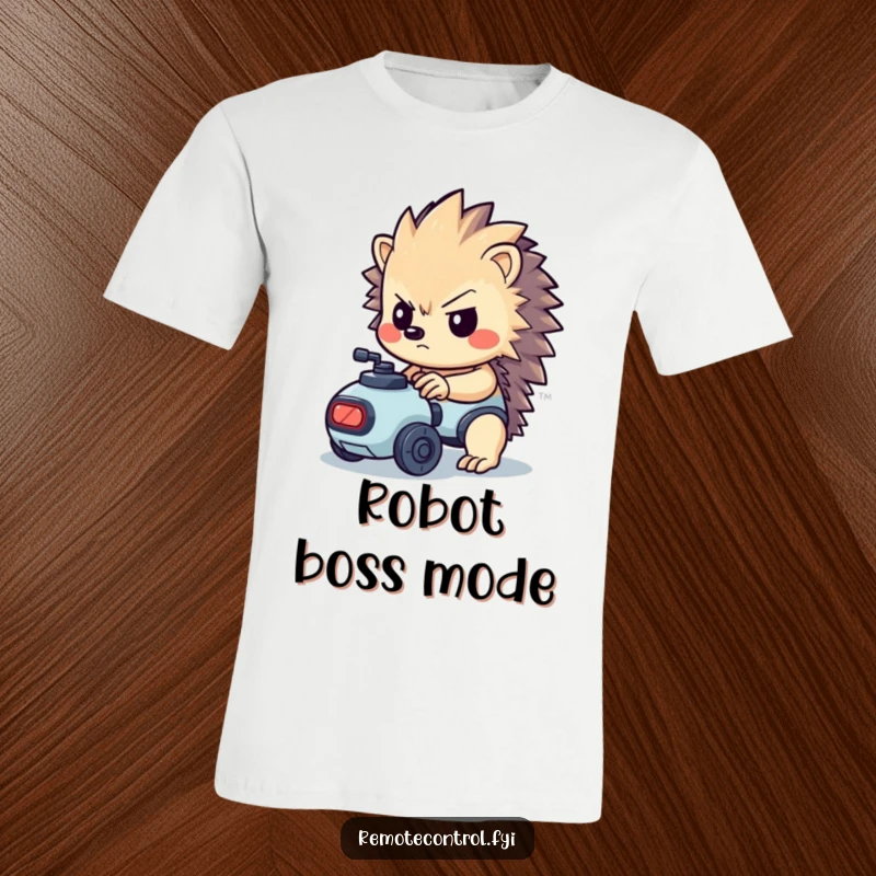 Funny kawaii hedgehog with a determined look controlling a tiny robot on a t-shirt.