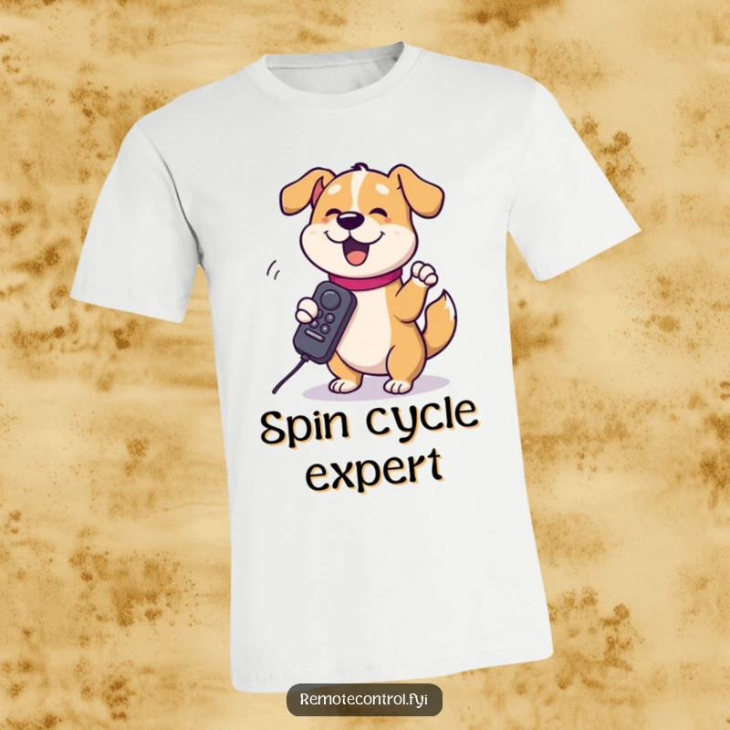 Funny dog character spinning a TV remote around its paw with extreme glee on a t-shirt, depicting a hilarious obsession with entertainment.