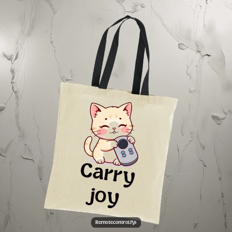 Funny Kawaii Cat Tote Bag showing a playful cat batting its paw at a button on a television remote control, embodying mischief.