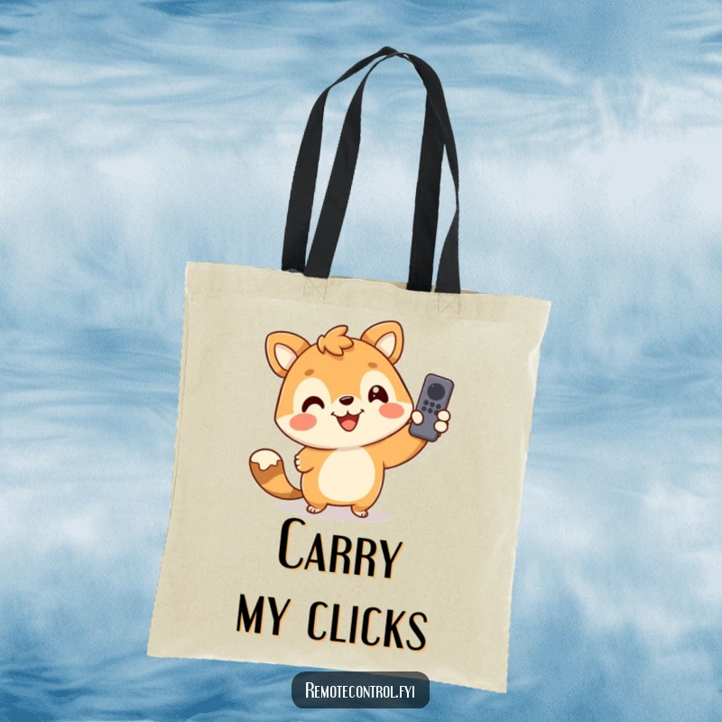 Funny tote bag featuring a smiling animal character playfully holding a remote control, ready to navigate life's channels with a grin.