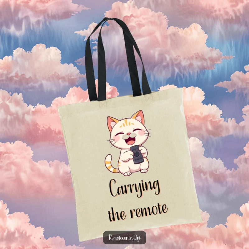 Funny tote bag with a giggling cat character holding a remote control, pointing it playfully, ready for any task.