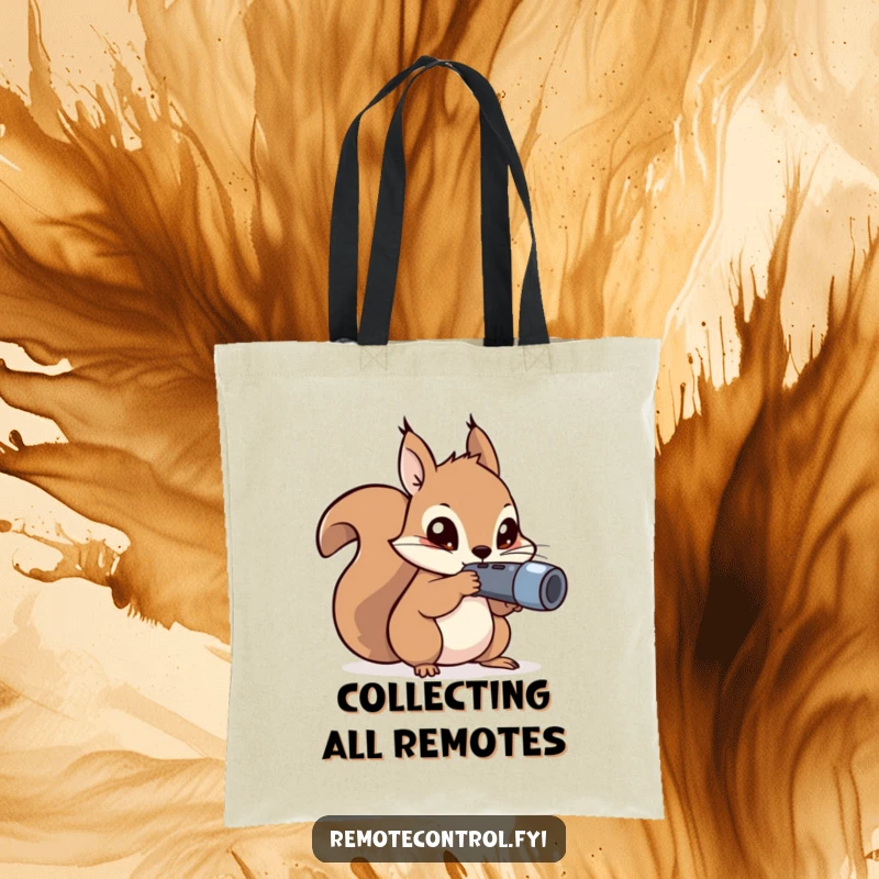 Funny kawaii squirrel with mischievous eyes aiming a remote control on a tote bag.