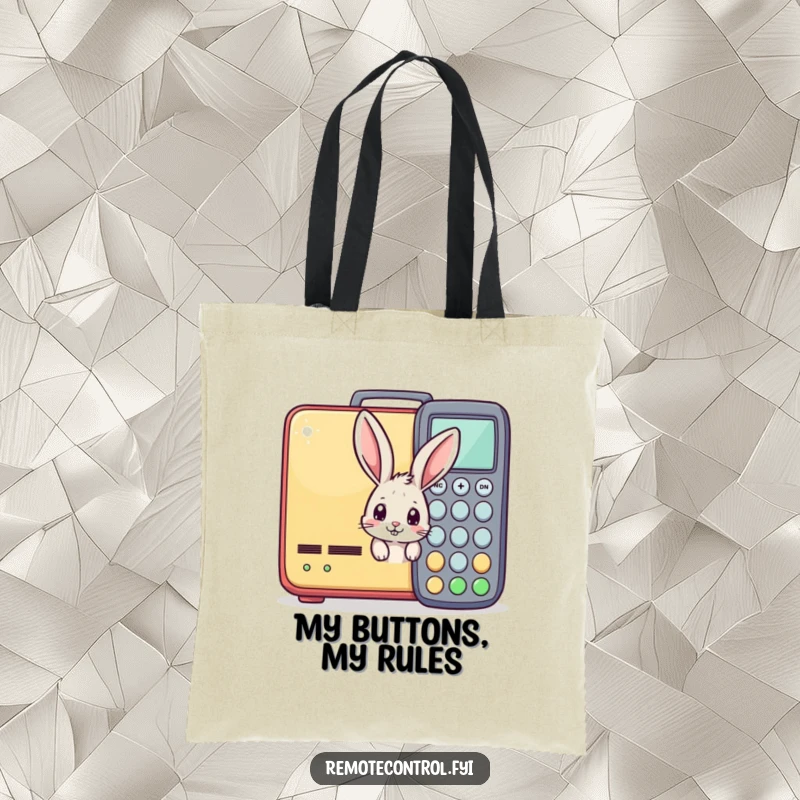 Funny tote bag with a curious bunny peeking from behind a massive remote control, great for everyday humor and shopping.