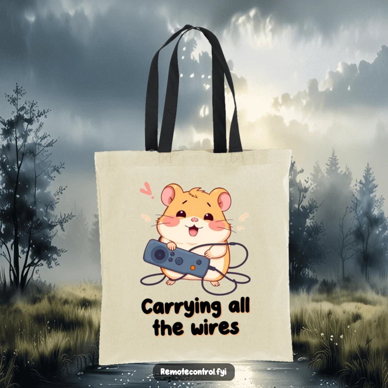 Funny tote bag with a silly hamster tangled in wires, holding a remote with a happy sigh, showcasing tech survival style.