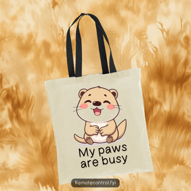 Funny tote bag depicting a cheerful otter character with a look of absolute delight, furiously pressing numerous buttons.