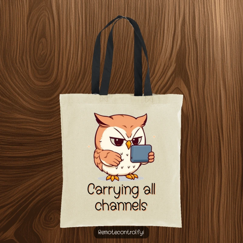 Funny owl tote bag with a determined owl intensely focused on a remote control, highlighting a humorous love for TV.