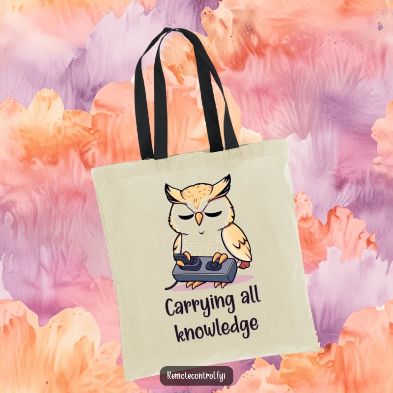 Funny kawaii owl concentrating intensely on a remote control on a tote bag.