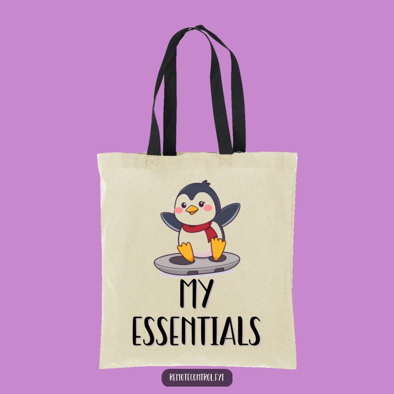 Funny Penguin Remote Surfer Tote Bag: Determined penguin shredding on a remote, a perfect funny gift.