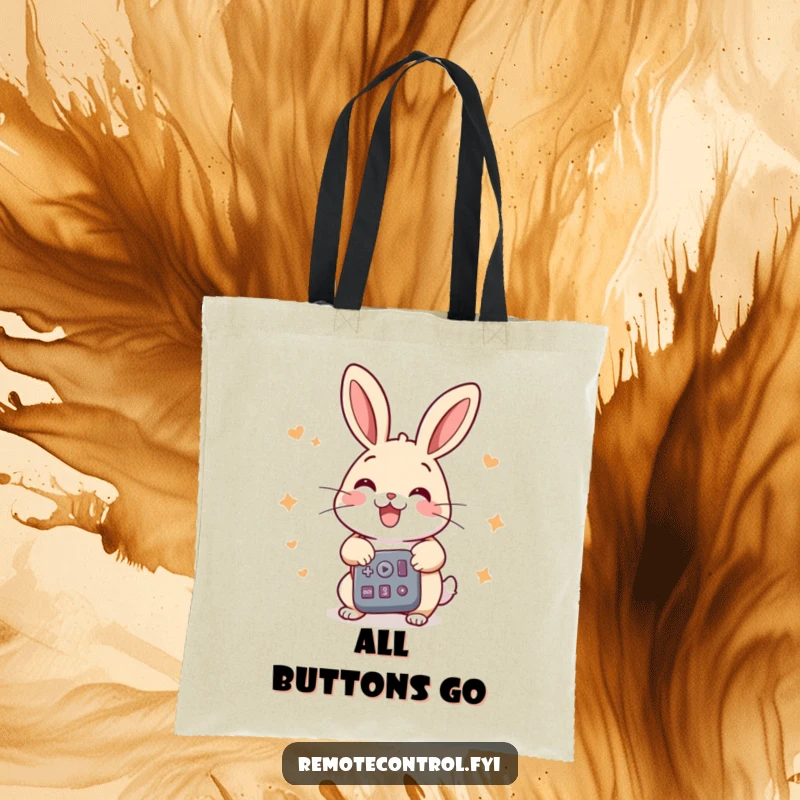 Funny rabbit tote bag, a cheerful rabbit pressing many buttons on a remote with great energy, good for daily use.