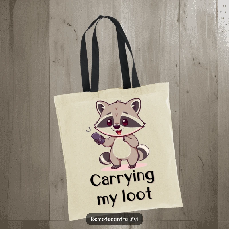 Funny raccoon character sneaking away with a TV remote on a tote bag, highlighting a humorous act of pilfering and playful mischief.