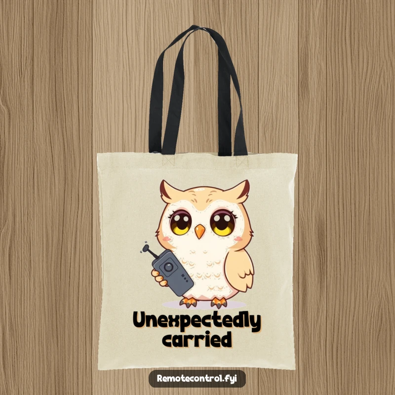 Funny Owl Tote Bag: Shy owl with wide, surprised eyes clutching a television remote, symbolizing moments of unexpected discovery.