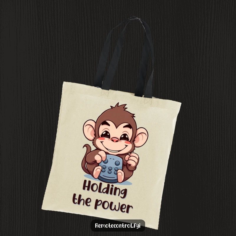 Funny monkey tote bag featuring a mischievous monkey grin as it pretends to be a functional remote control.
