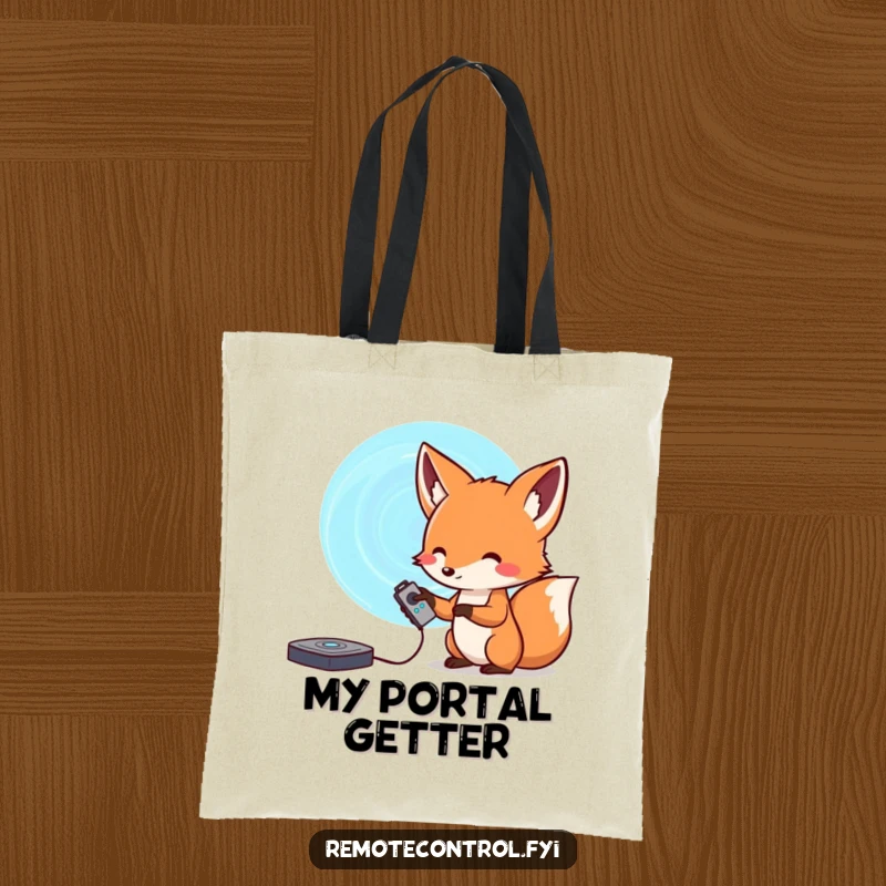 Funny fox tote bag, depicting a curious fox with a remote control aiming at a swirling portal, great for everyday journeys.