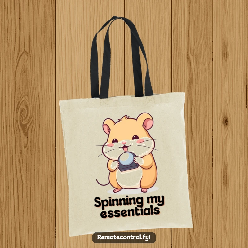Funny Hamster Tote Bag: Playful hamster skillfully spinning a television remote control on its nose, symbolizing balance and entertainment.